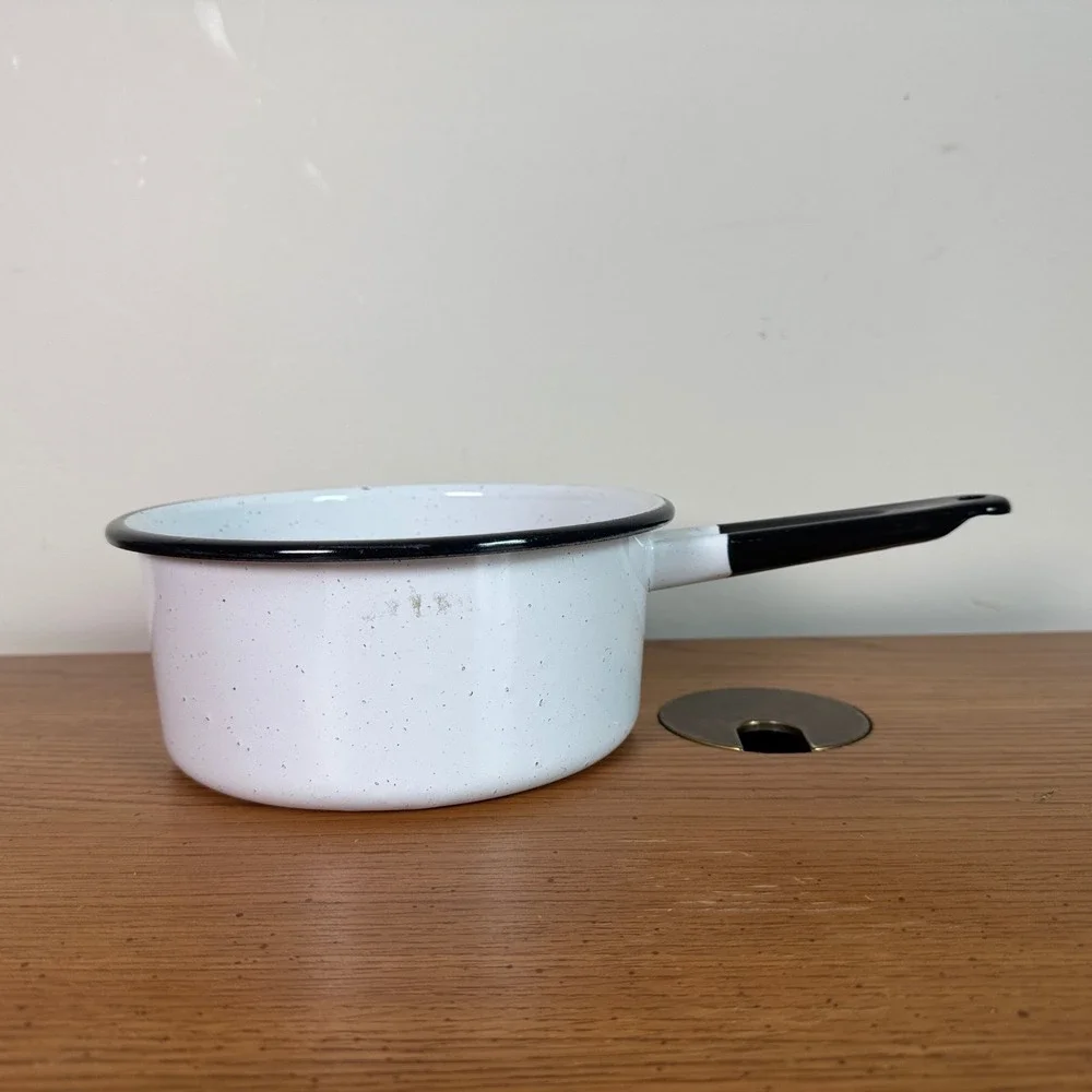 Vintage White Speckled Enamelware Saucepan Black Trim Graniteware Pot
